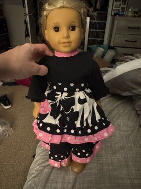 American Girl Doll with Pink and Black Floral Doll Outfit